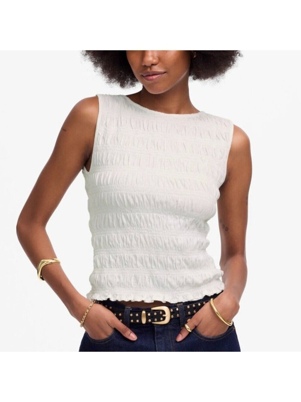 NWT Madewell White Sachi Smocked Cotton Linen Blend Boatneck Tank - Small